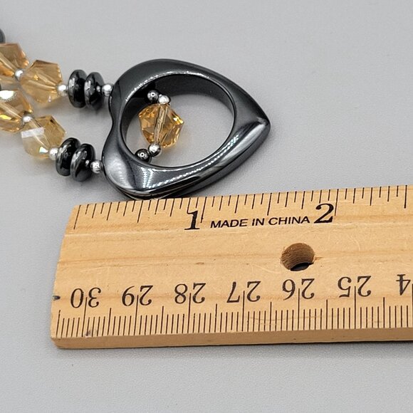 Hematite Open Heart Pendant Statement Necklace Orange Bead Accents 16" - Picture 8 of 8